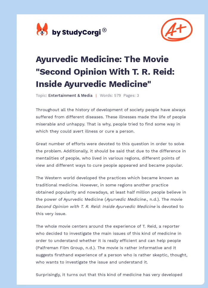 Ayurvedic Medicine: The Movie "Second Opinion With T. R. Reid: Inside Ayurvedic Medicine". Page 1