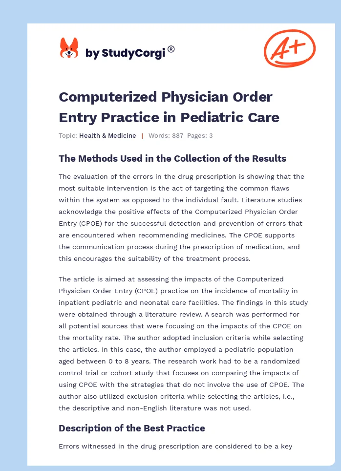 Computerized Physician Order Entry Practice in Pediatric Care. Page 1