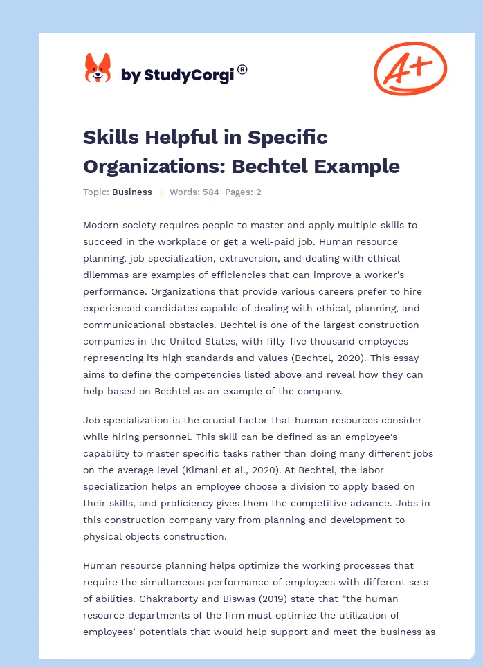 Skills Helpful in Specific Organizations: Bechtel Example. Page 1