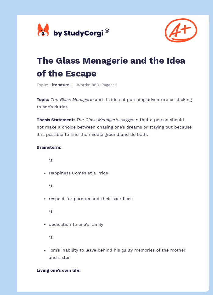The Glass Menagerie and the Idea of the Escape. Page 1