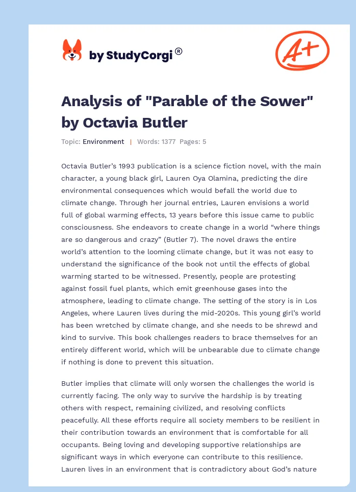 Analysis of "Parable of the Sower" by Octavia Butler. Page 1
