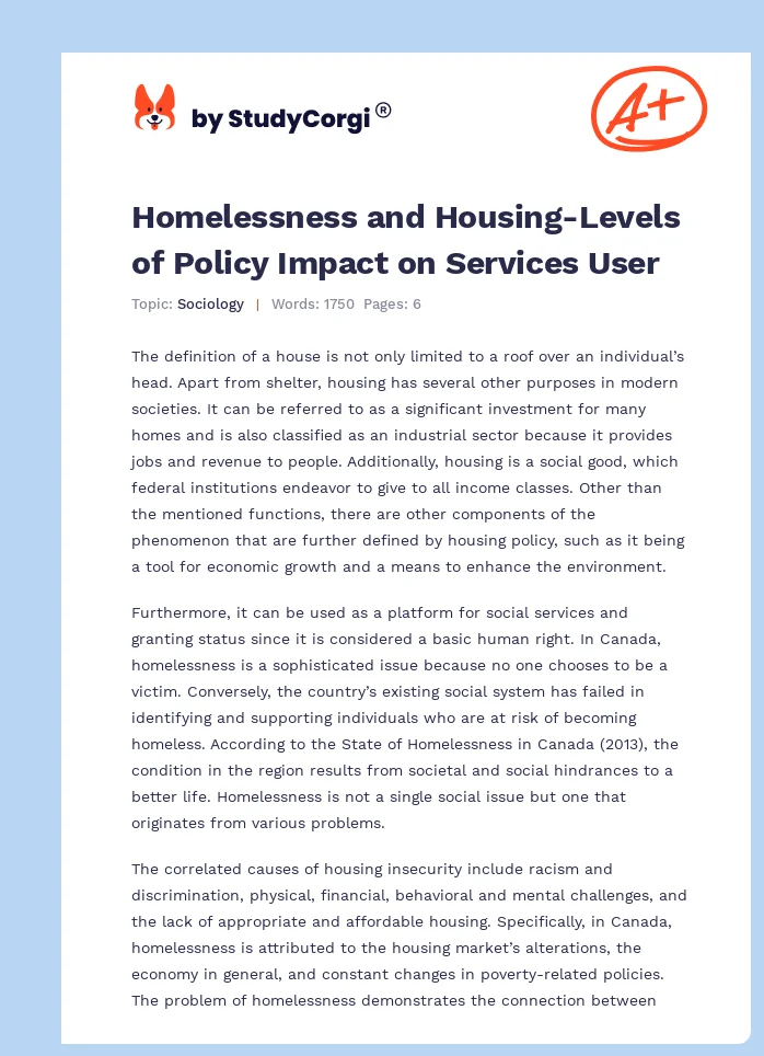 Homelessness and Housing-Levels of Policy Impact on Services User. Page 1