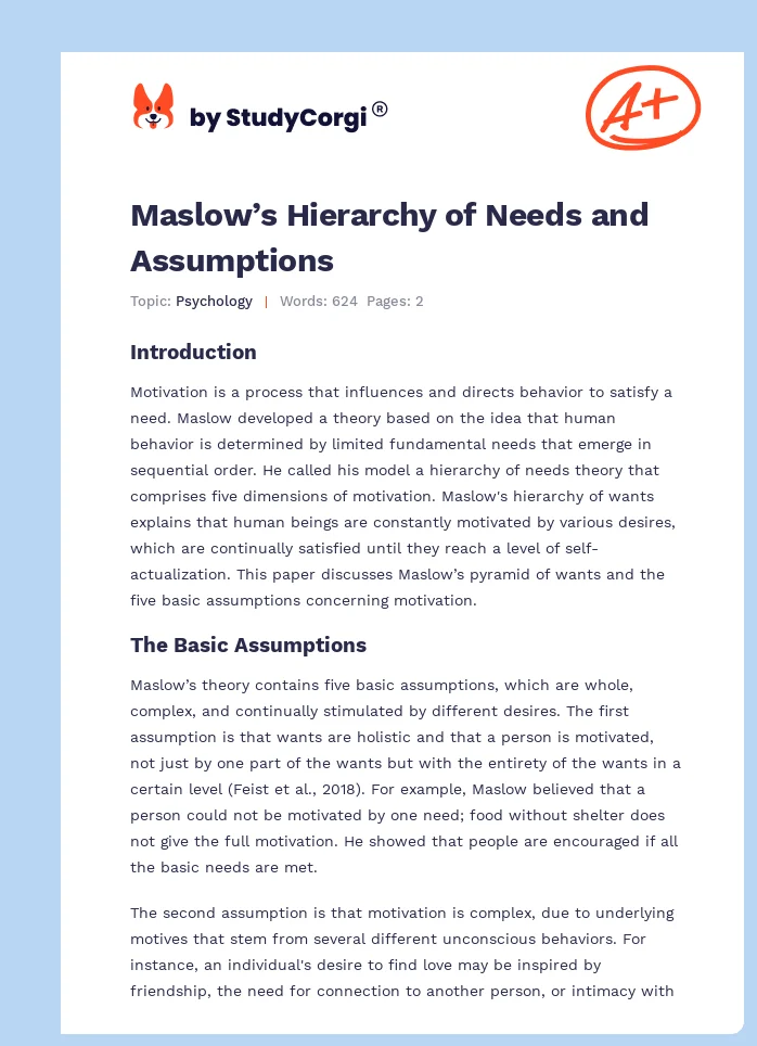 Maslow’s Hierarchy of Needs and Assumptions. Page 1