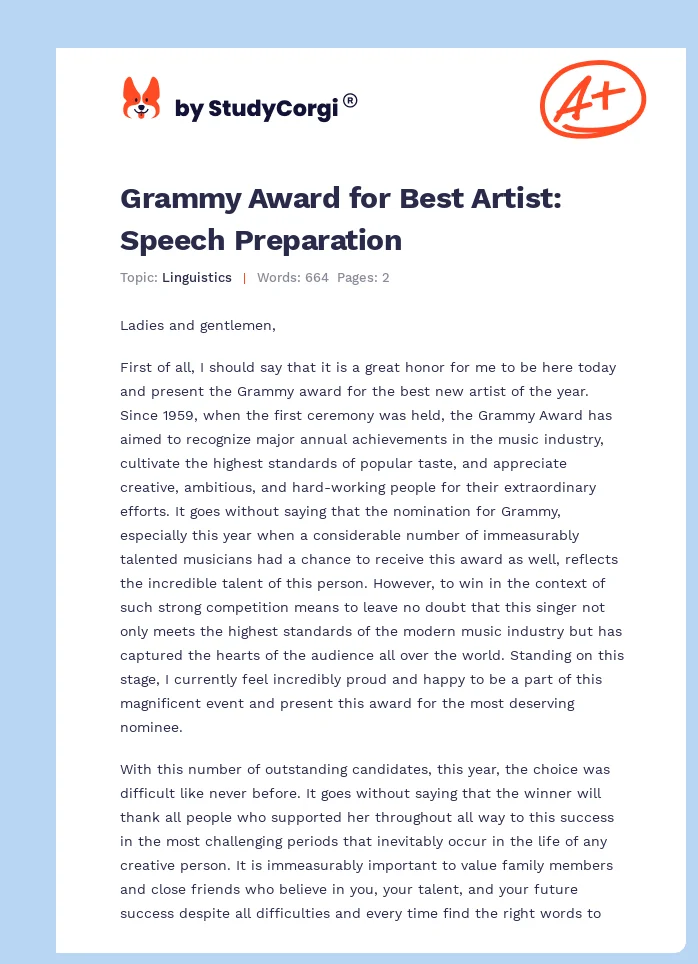 Grammy Award for Best Artist: Speech Preparation. Page 1