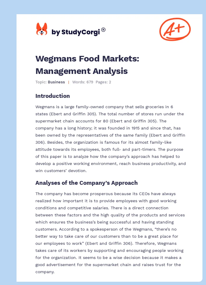 Wegmans Food Markets: Management Analysis. Page 1