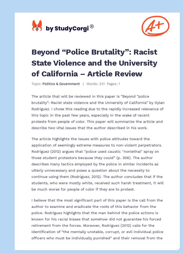 Beyond “Police Brutality”: Racist State Violence and the University of California – Article Review. Page 1
