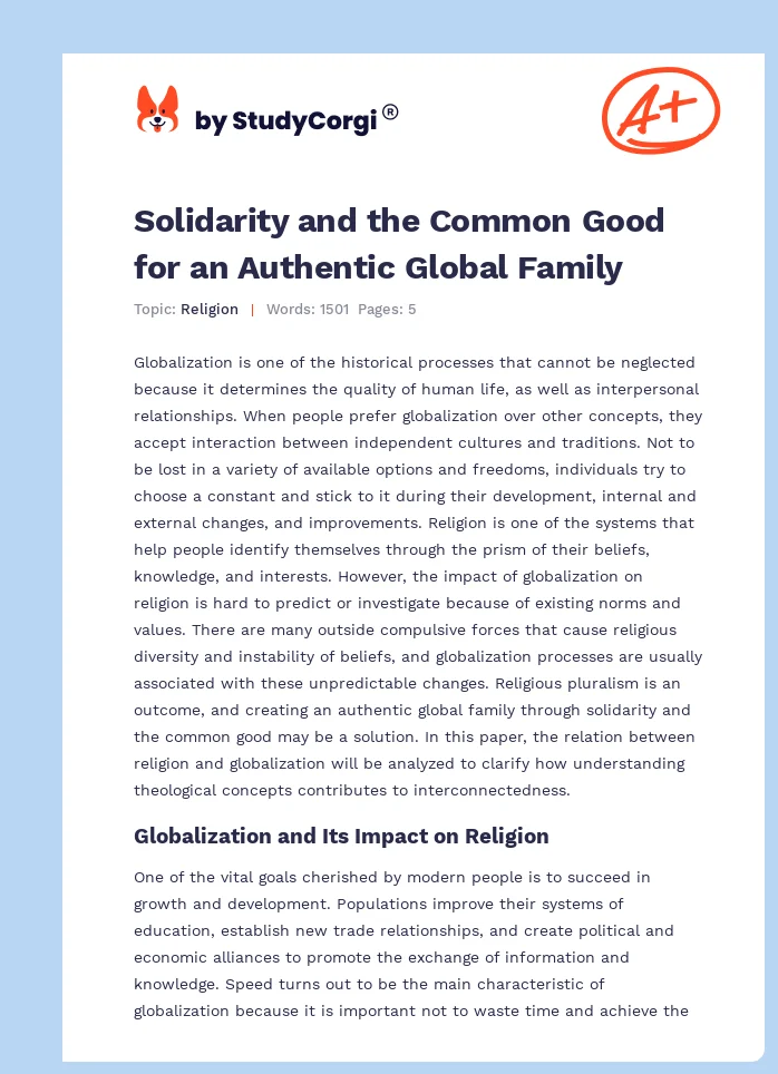 Solidarity and the Common Good for an Authentic Global Family. Page 1