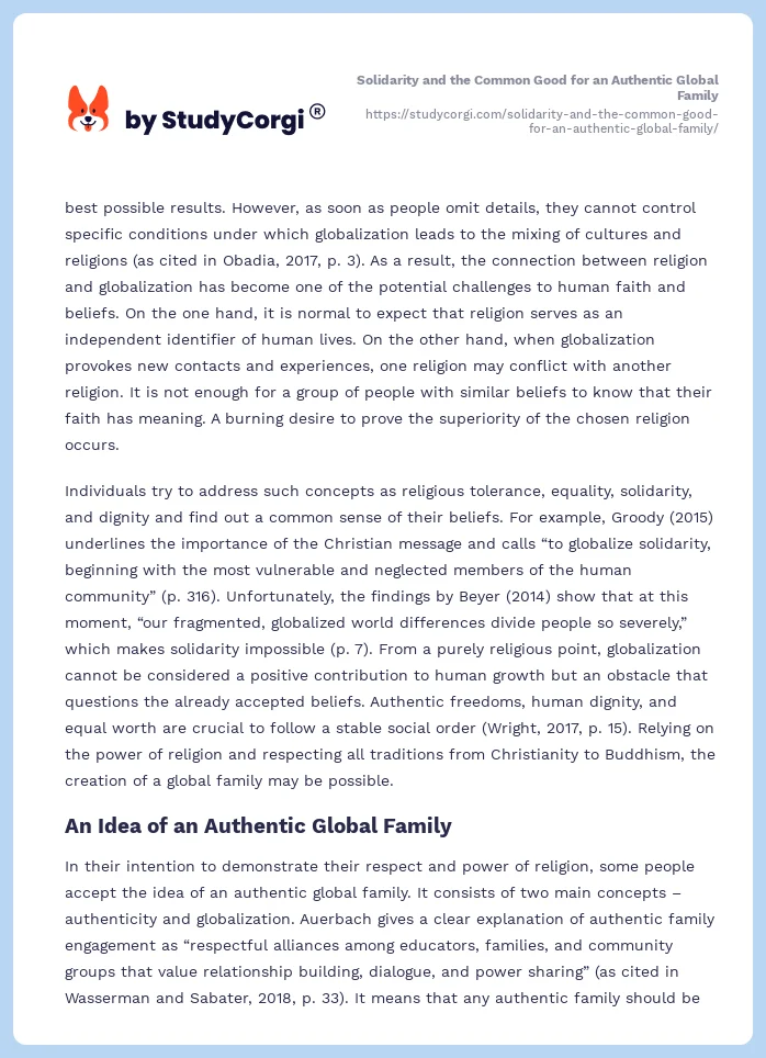 Solidarity and the Common Good for an Authentic Global Family. Page 2