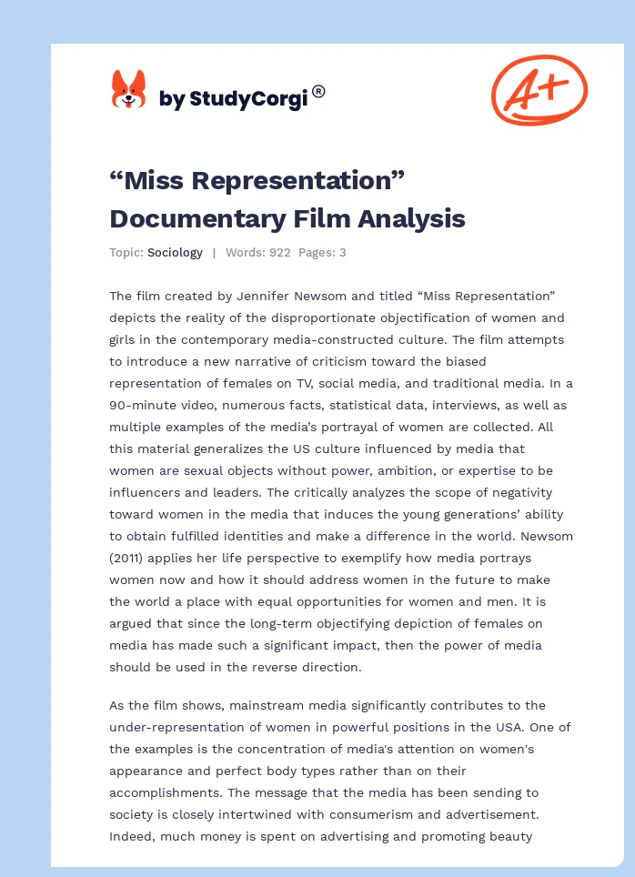 “Miss Representation” Documentary Film Analysis. Page 1