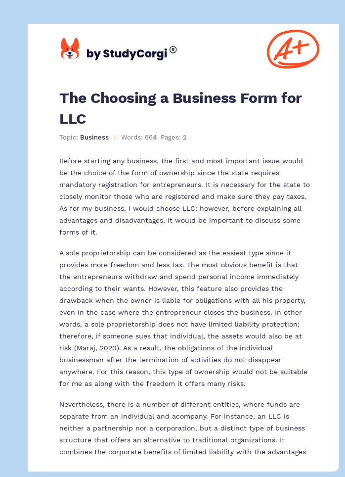 The Choosing a Business Form for LLC. Page 1
