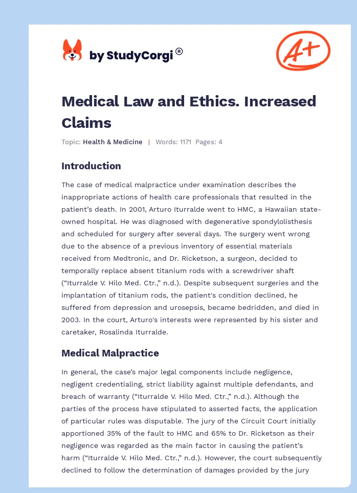 Medical Law and Ethics. Increased Claims. Page 1