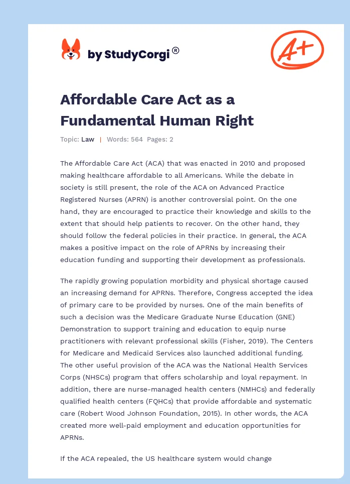 Affordable Care Act as a Fundamental Human Right. Page 1