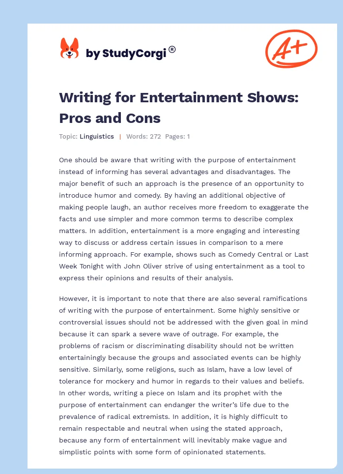 Writing for Entertainment Shows: Pros and Cons. Page 1