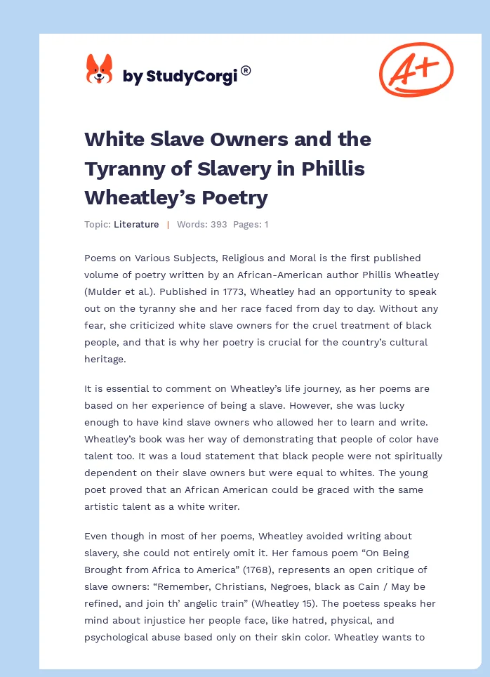 White Slave Owners and the Tyranny of Slavery in Phillis Wheatley’s Poetry. Page 1