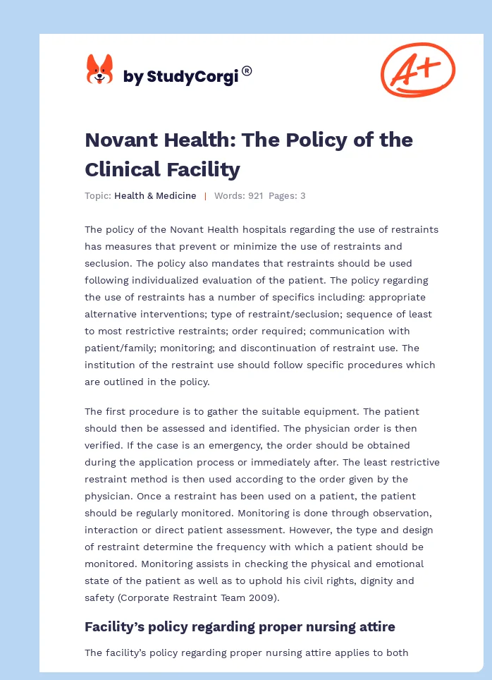 Novant Health: The Policy of the Clinical Facility. Page 1