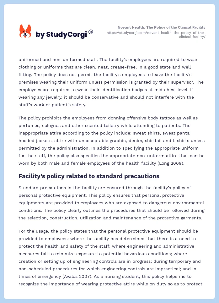 Novant Health: The Policy of the Clinical Facility. Page 2