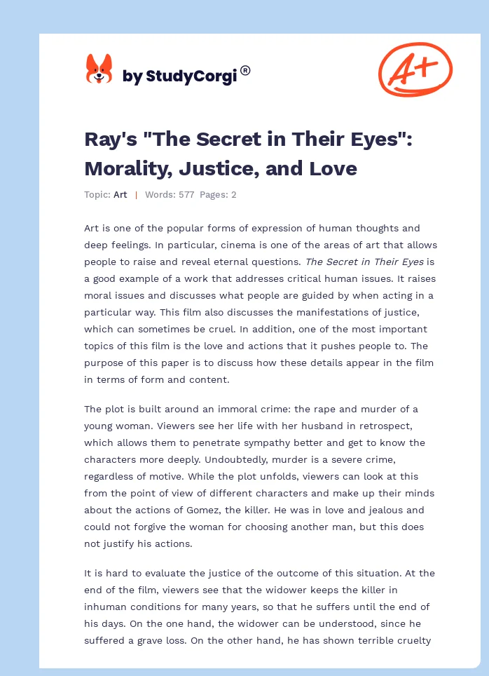 Ray's "The Secret in Their Eyes": Morality, Justice, and Love. Page 1