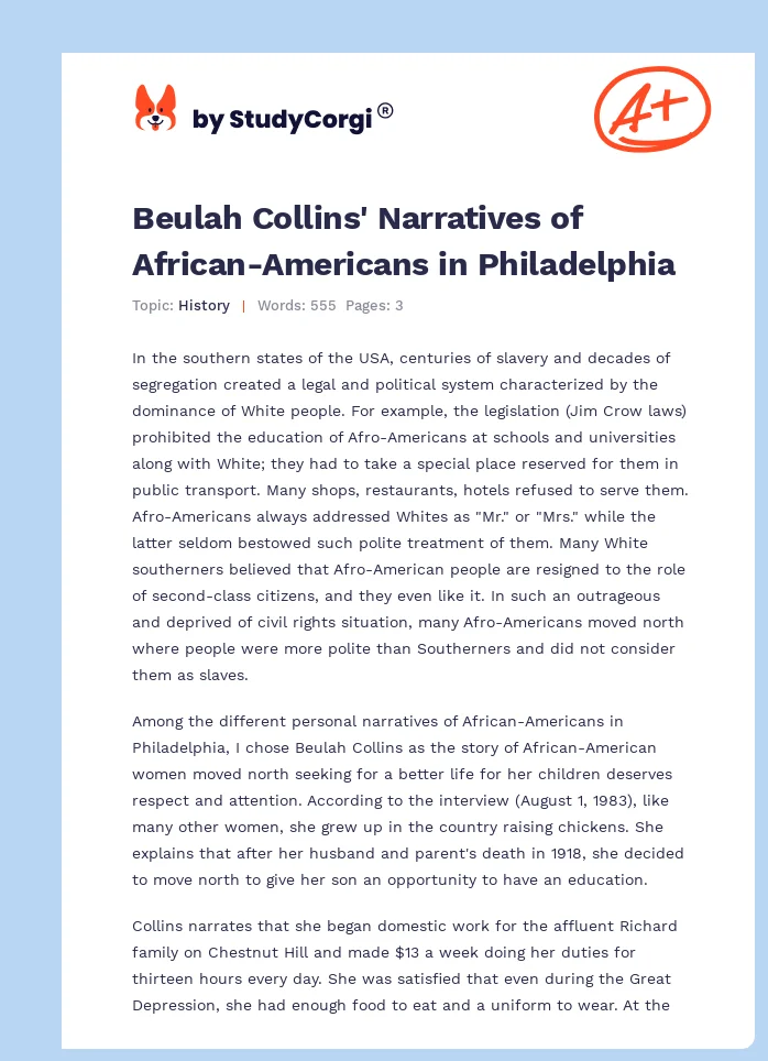 Beulah Collins' Narratives of African-Americans in Philadelphia. Page 1
