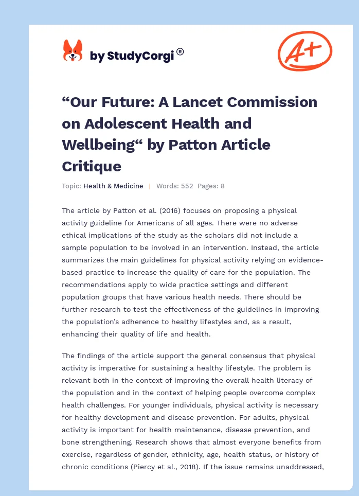 “Our Future: A Lancet Commission on Adolescent Health and Wellbeing“ by Patton Article Critique. Page 1