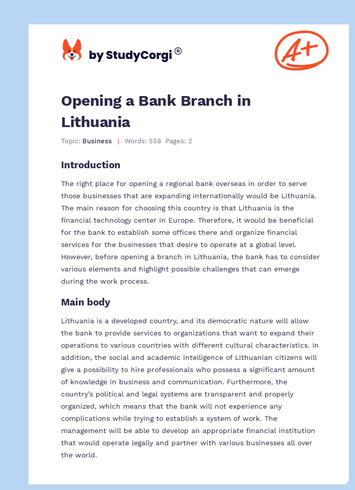 Opening a Bank Branch in Lithuania. Page 1