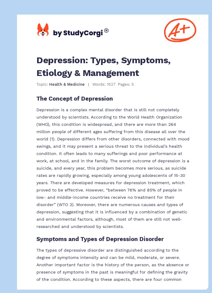 Depression: Types, Symptoms, Etiology & Management. Page 1