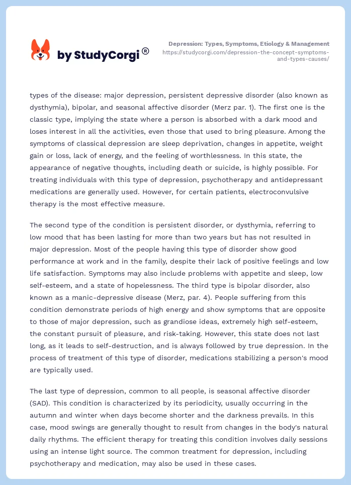 Depression: Types, Symptoms, Etiology & Management. Page 2