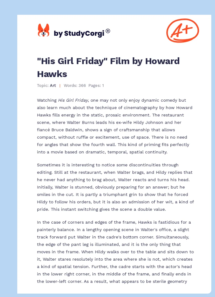 "His Girl Friday" Film by Howard Hawks. Page 1