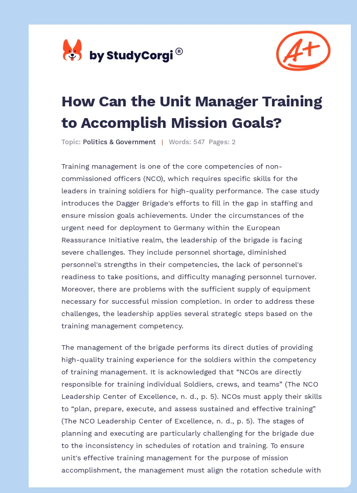 How Can the Unit Manager Training to Accomplish Mission Goals?. Page 1