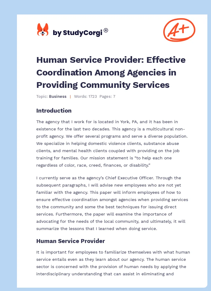 Human Service Provider: Effective Coordination Among Agencies in Providing Community Services. Page 1