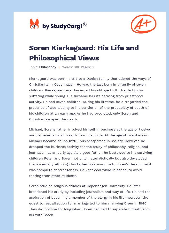Soren Kierkegaard: His Life and Philosophical Views. Page 1