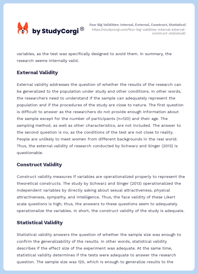 Four Big Validities: Internal, External, Construct, Statistical. Page 2