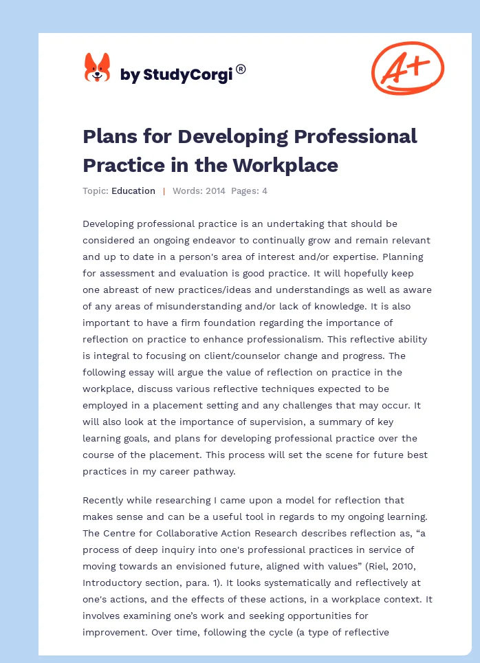 Plans for Developing Professional Practice in the Workplace. Page 1