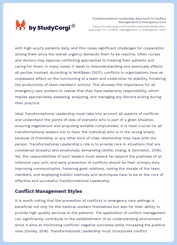Transformational Leadership Approach to Conflict Management in Emergency Care. Page 2