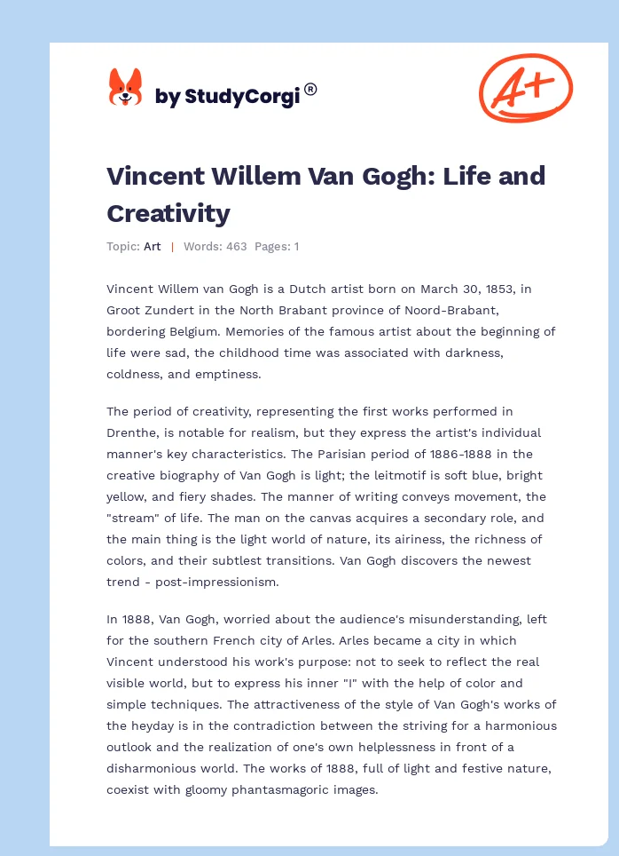 Vincent Willem Van Gogh: Life and Creativity. Page 1