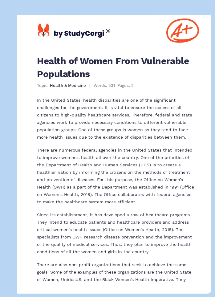 Health of Women From Vulnerable Populations. Page 1