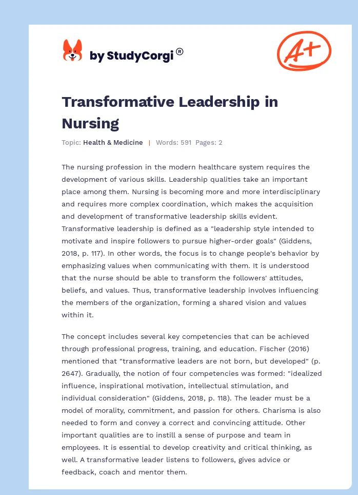 Transformative Leadership in Nursing. Page 1