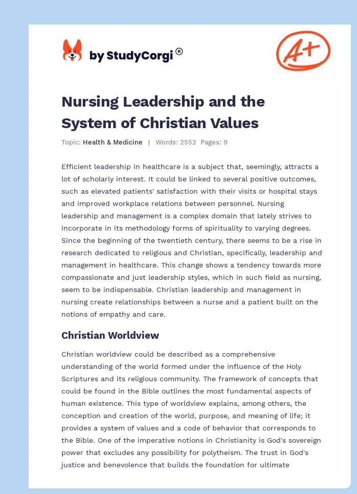 Nursing Leadership and the System of Christian Values. Page 1