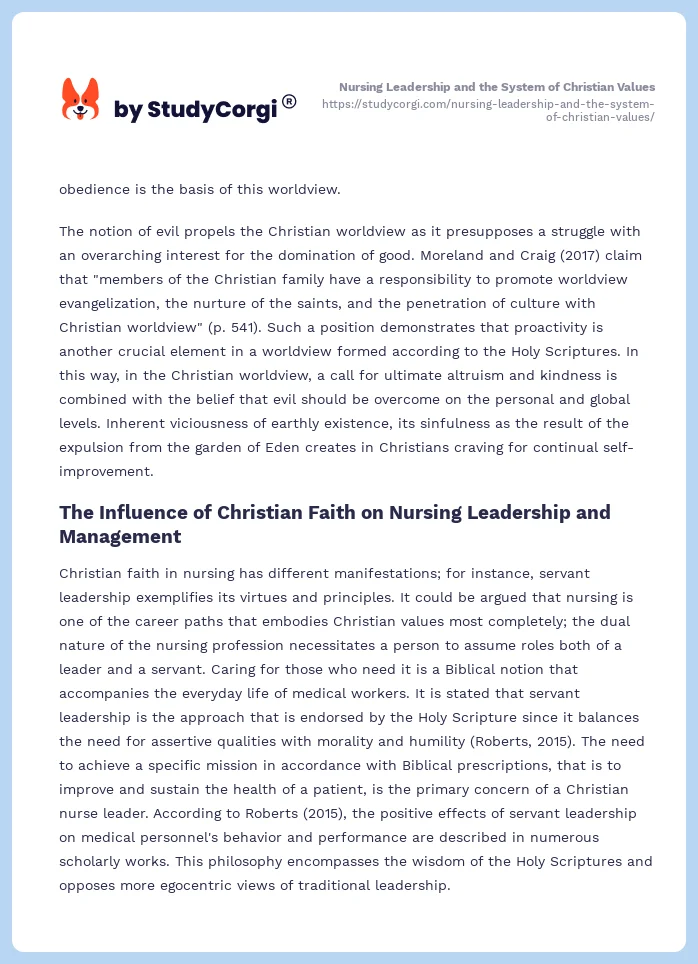 Nursing Leadership and the System of Christian Values. Page 2