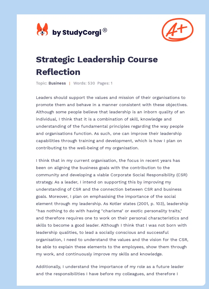 Strategic Leadership Course Reflection. Page 1