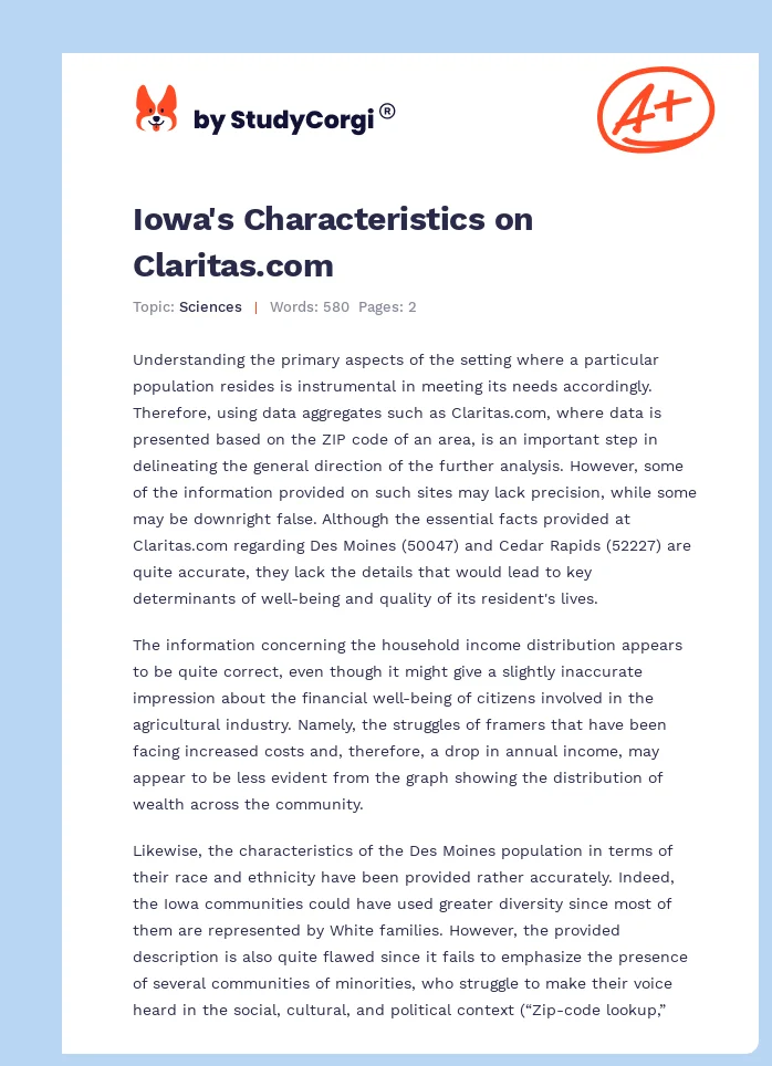 Iowa's Characteristics on Claritas.com. Page 1