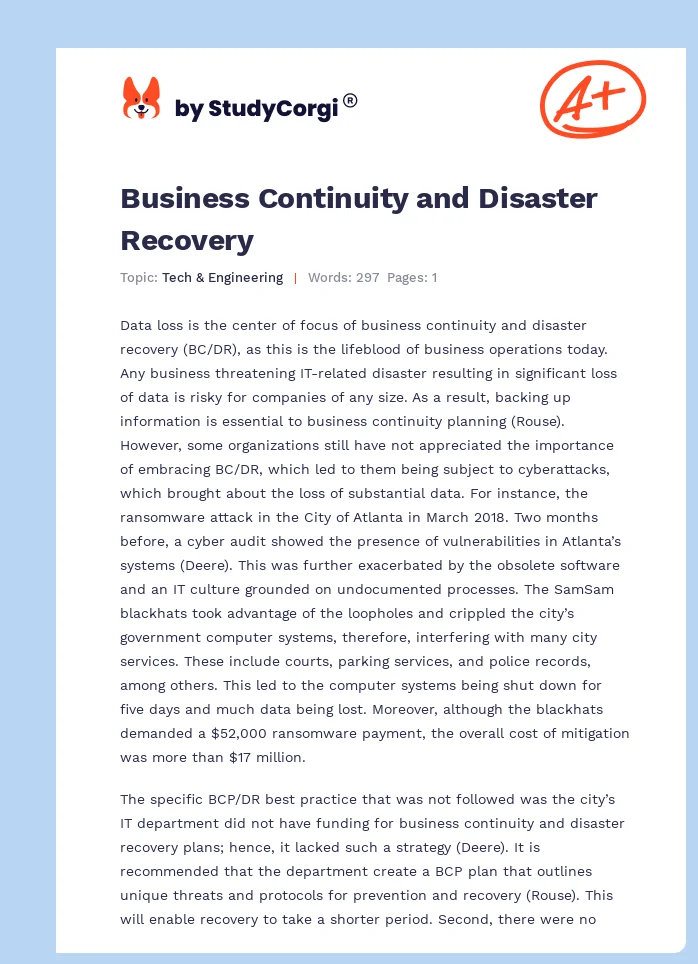 Business Continuity and Disaster Recovery. Page 1