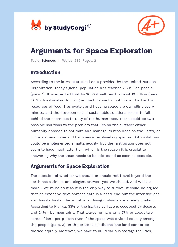 Arguments for Space Exploration. Page 1