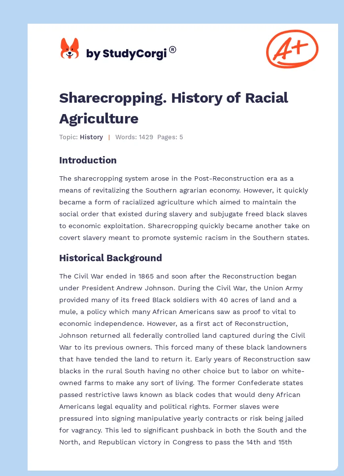 Sharecropping. History of Racial Agriculture. Page 1
