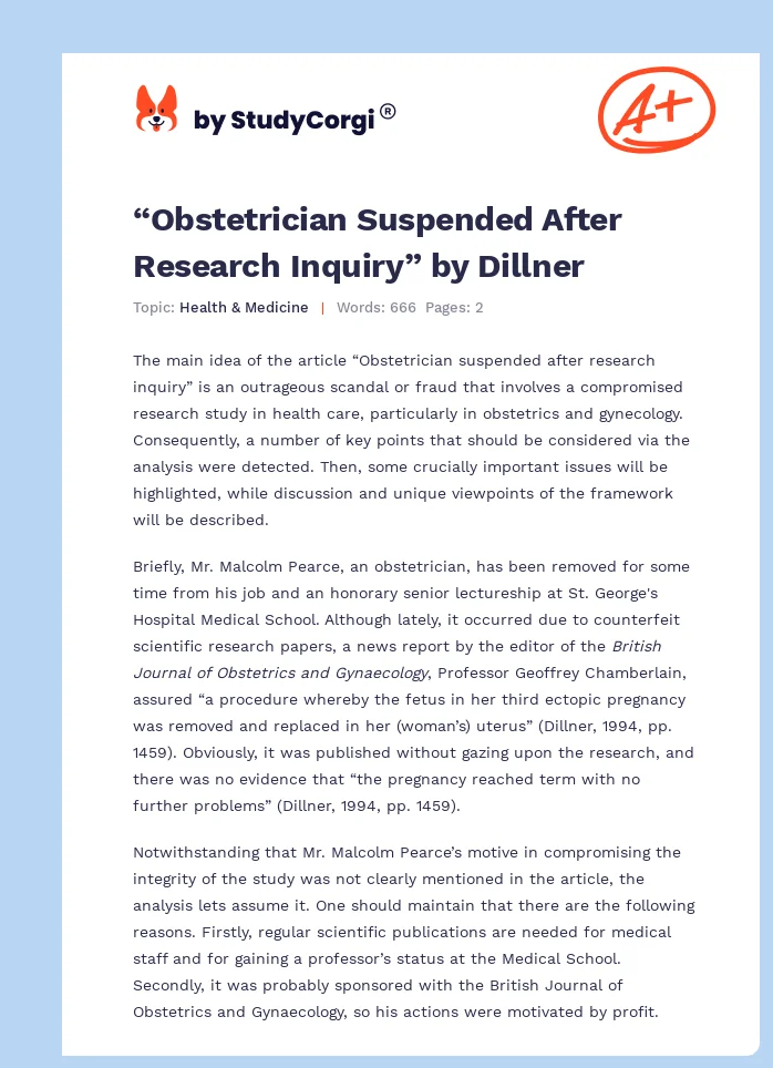 “Obstetrician Suspended After Research Inquiry” by Dillner. Page 1