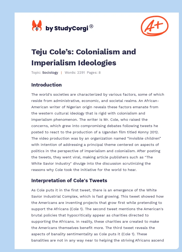 Teju Cole’s: Colonialism and Imperialism Ideologies. Page 1