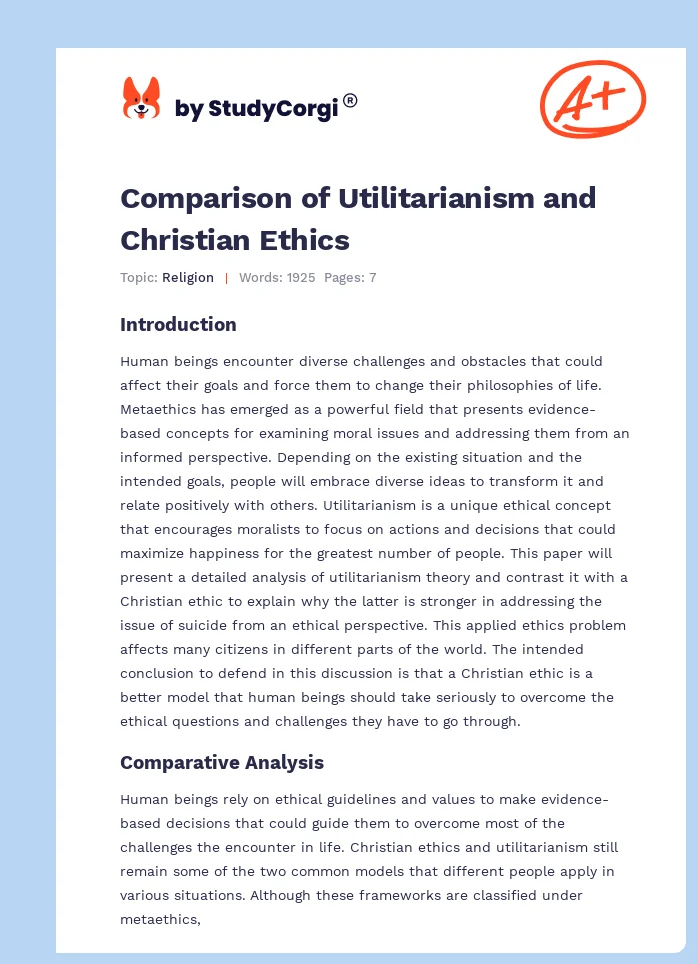 Comparison of Utilitarianism and Christian Ethics. Page 1