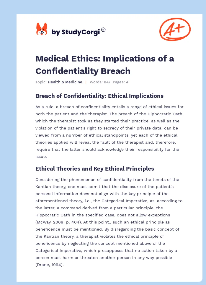 Medical Ethics: Implications of a Confidentiality Breach. Page 1