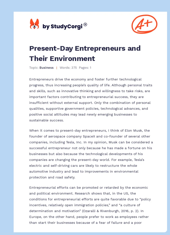 Present-Day Entrepreneurs and Their Environment. Page 1