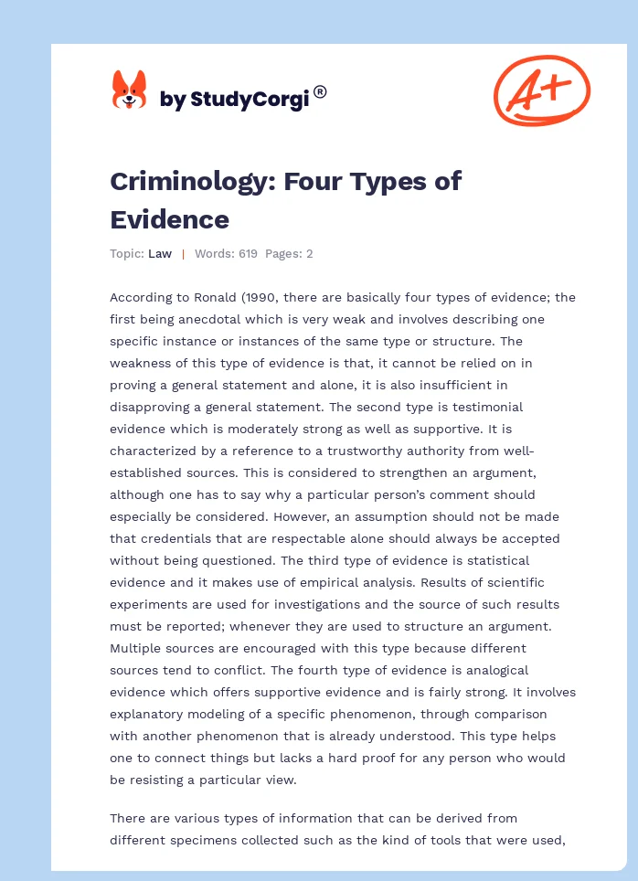 Criminology: Four Types of Evidence. Page 1