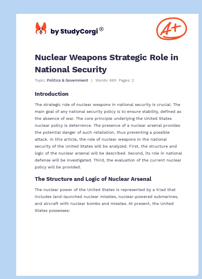 Nuclear Weapons Strategic Role in National Security. Page 1